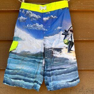 OP Boys Shark Swim Trunks Blue Ocean Surf Print Neon Yellow Waistband Size M 8
